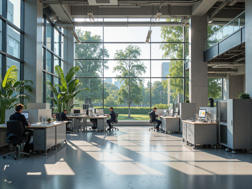 公司办公环境，现代化办公室，员工在工作区域讨论项目，明亮自然光，商务氛围