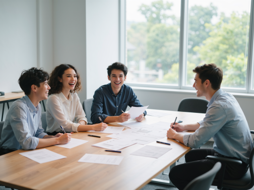 技术团队在会议室讨论技术方案，年轻技术人员围坐讨论，现代办公环境，明亮自然光